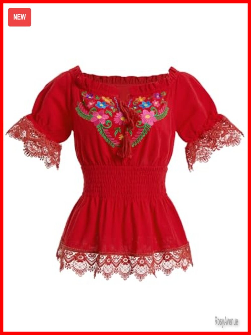 Mexican Floral Embroidered Off Shoulder Cotton Peasant Tunic Top